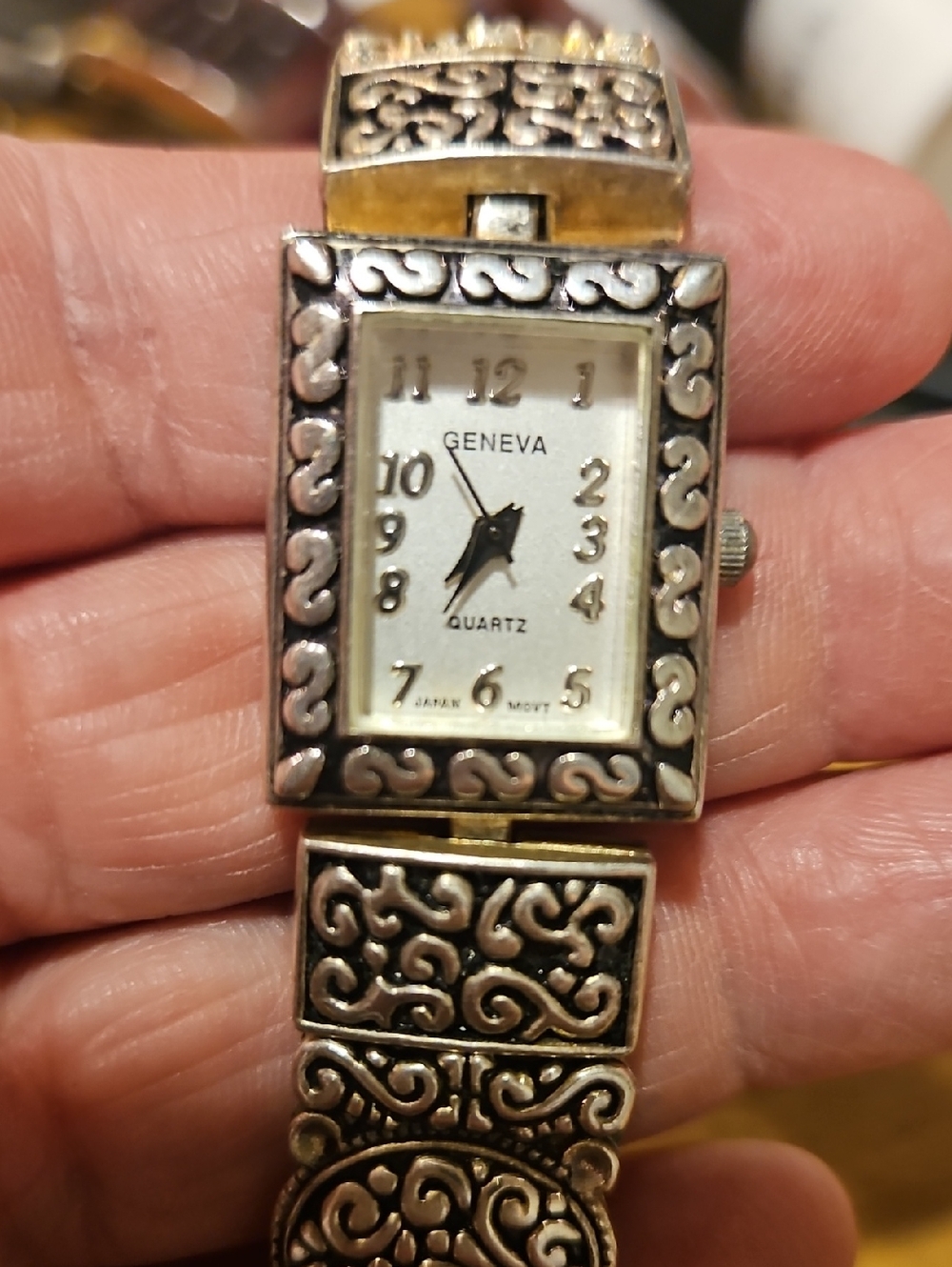 Geneva Silver-Tone Ornate Filigree Bracelet Watch